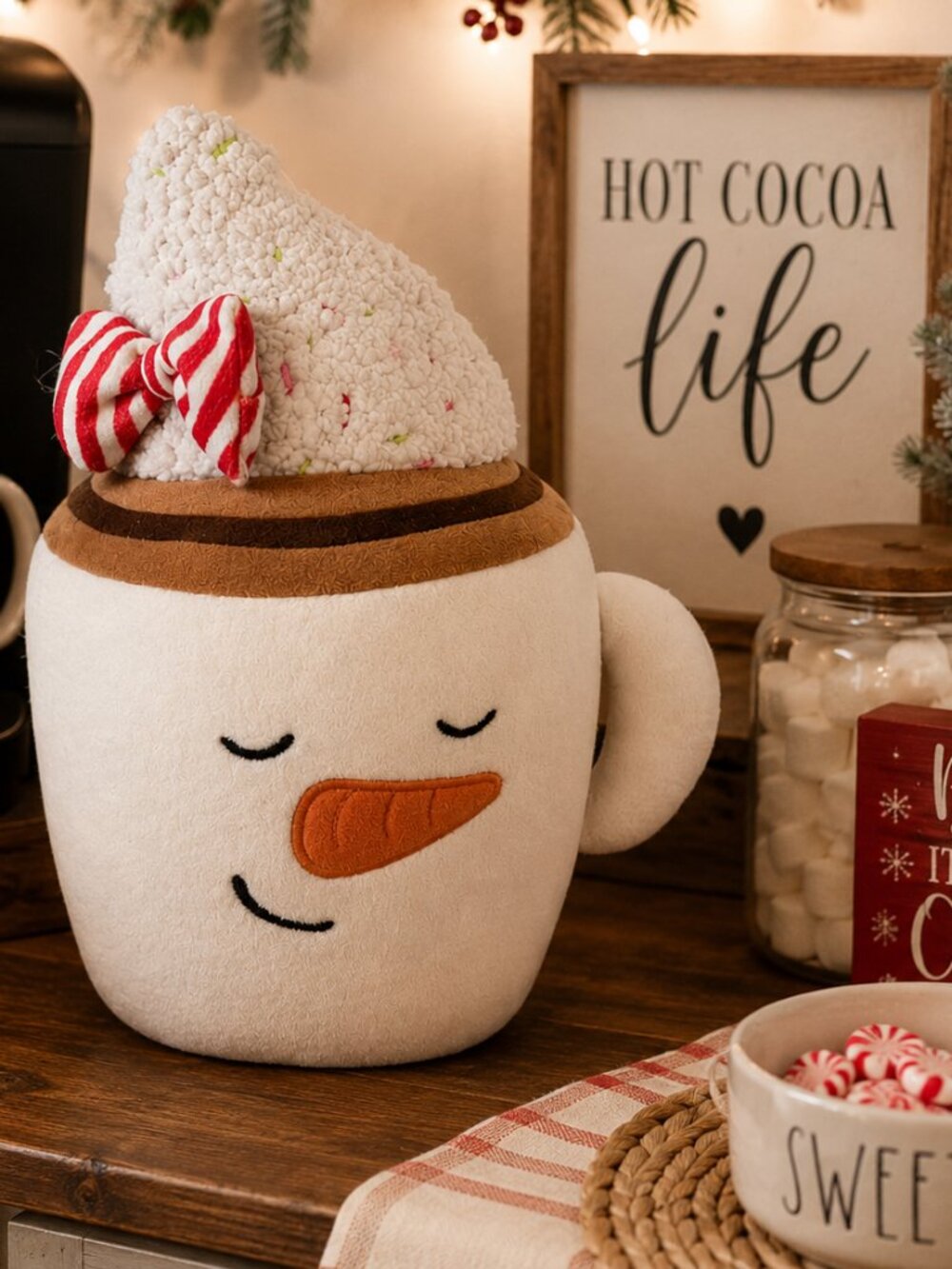 Snowman Hot Cocoa Mug Christmas Plush Pillow 10" Holiday Decor Candy Bow Soft